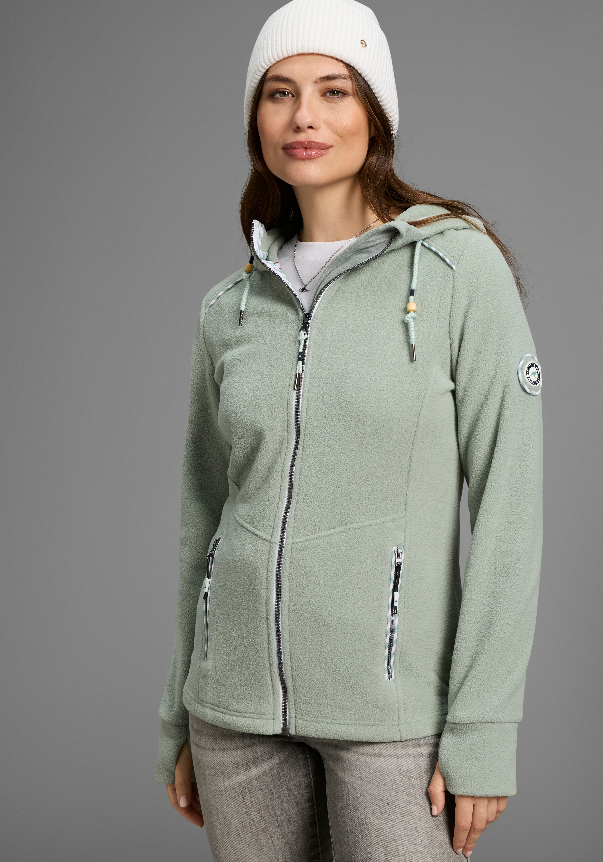 Fleecejacke KANGAROOS, Damen, Gr. 32/34, grün (grün, grau), Fleece, Obermaterial: 100% Polyester, kontrastfarbene Details, unifarben mit Farbeinsatz, bequem hüftbedeckend, Jacken Fleecejacke, figurbetonte Passform, mit Kapuze und Kordelzug,...
