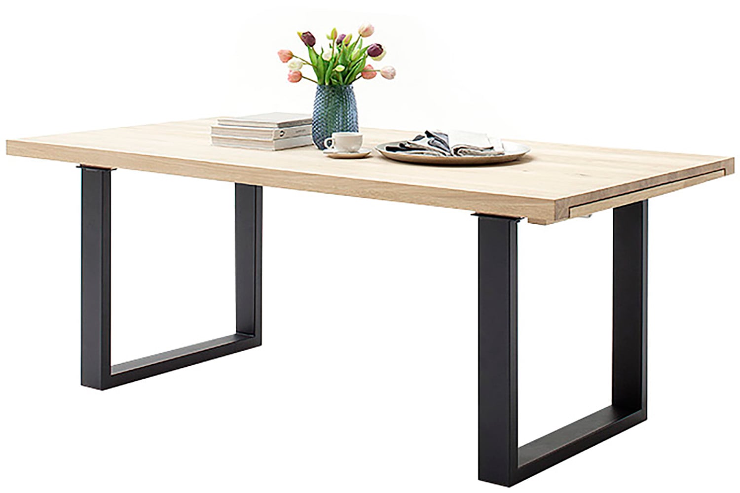 Kulissen-Esstisch MCA FURNITURE "Dayton Esstisch Kufentisch", grau (eiche bianco, stahl anthrazit lackiert, eiche bianco geölt), B:220cm H:77cm T:100cm, Eiche Bianco geölt, Holz, Massivholz, aufgedoppelt, Tische, Esstisch Ausziehbarer Esstisch...