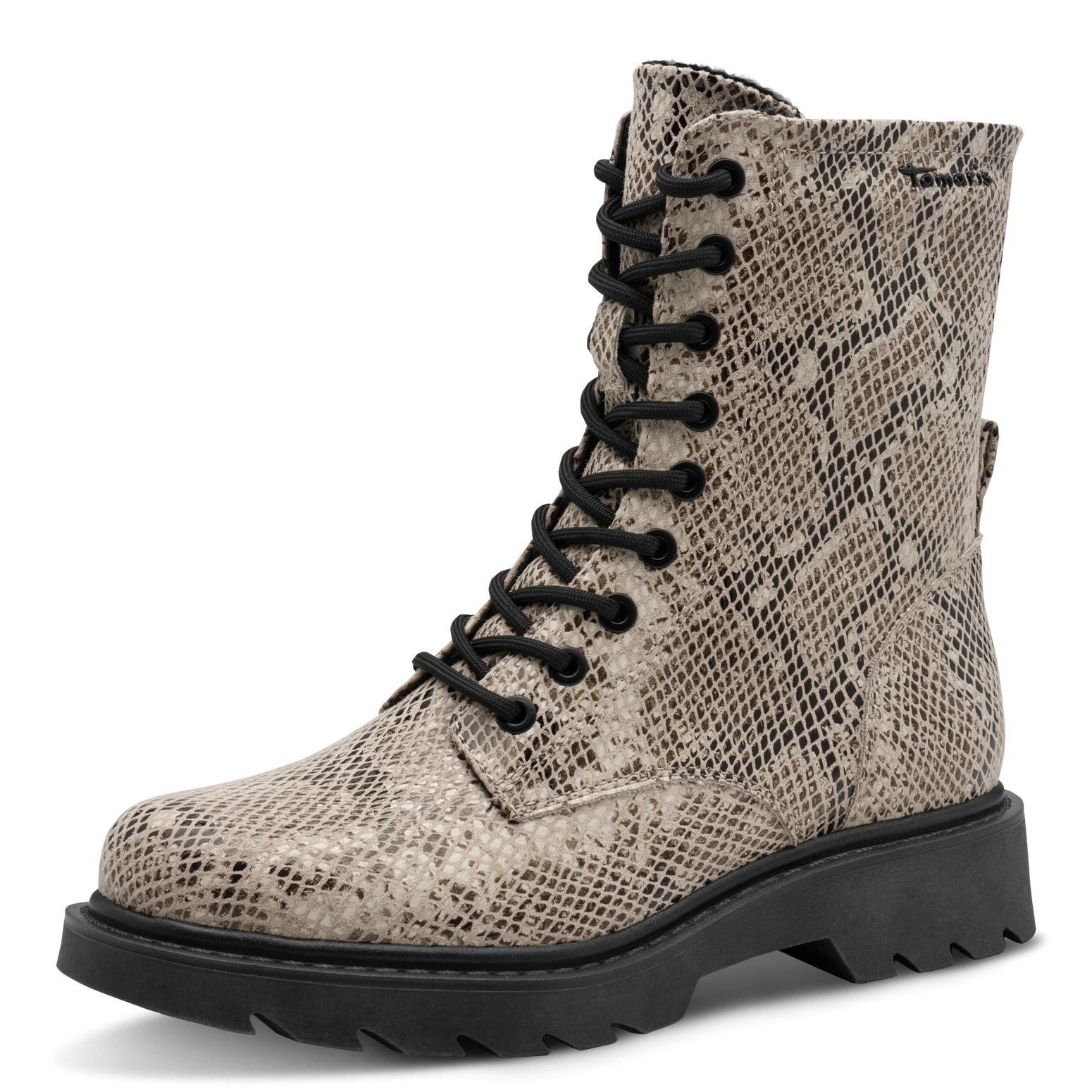 Schnürstiefelette TAMARIS, Damen, Gr. 36, beige (beige snake), Textil, Reptilienprägung, Schuhe Schnürstiefelette, Blockabsatz, Schnürboots mit trendiger Prägung
