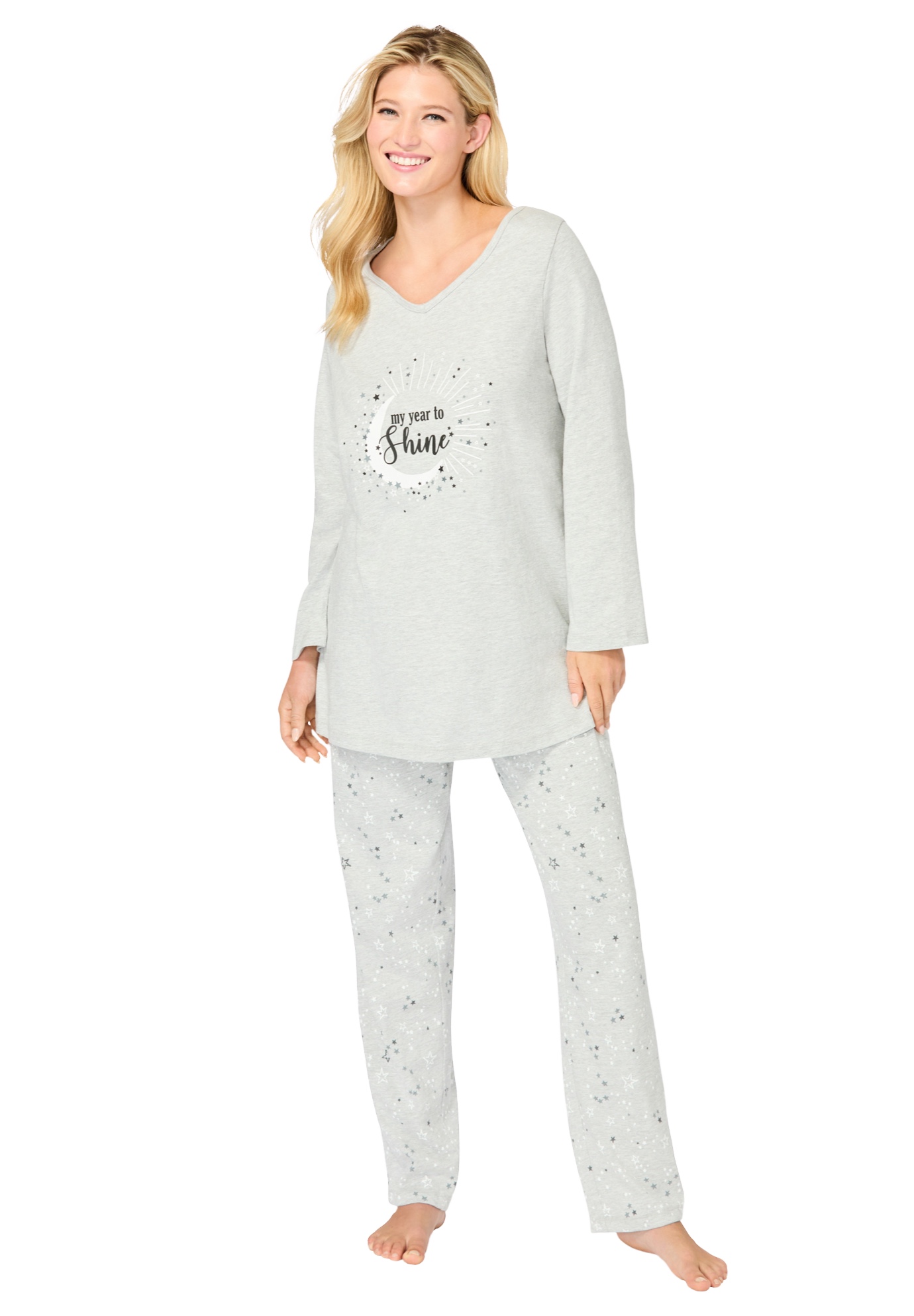 Plus Size Women's Avenue Body Three-Quarter Sleeve Pajama Set by Avenue Body in Heather Grey Shine (Size 2X)