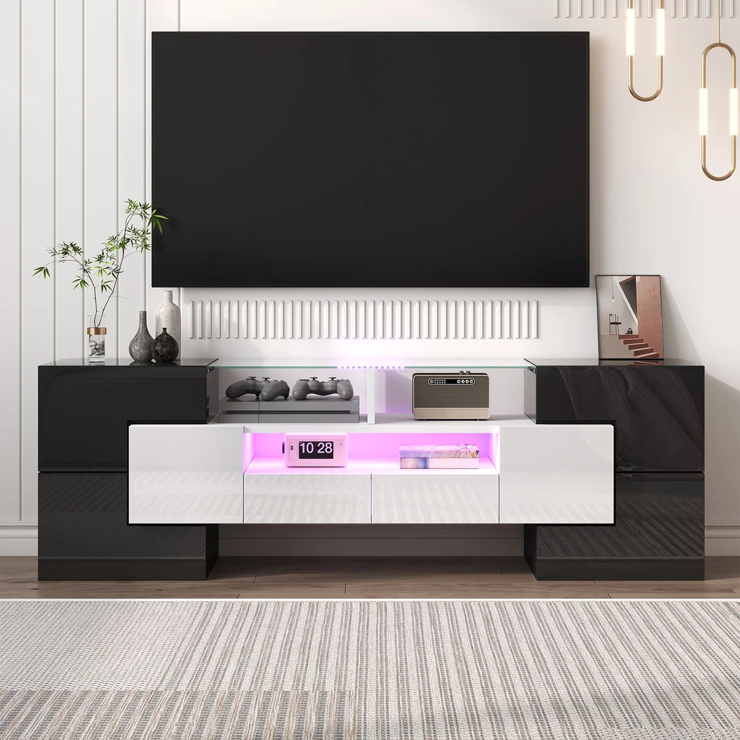 Meuble TV élégant 145x50cm, éclairage LED avec espace de rangement, surface basse haute brillance, meubles de salon, noir + blanc