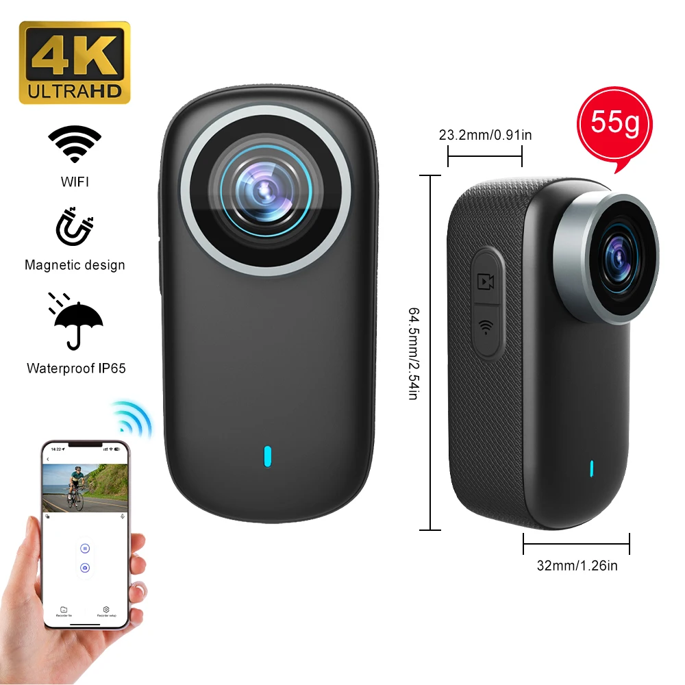 WiFi 4K Mini caméra à pouce Bodycam Action Bike Cam moto Sport caméra corps Action Sport DV caméscope 30M étanche en option