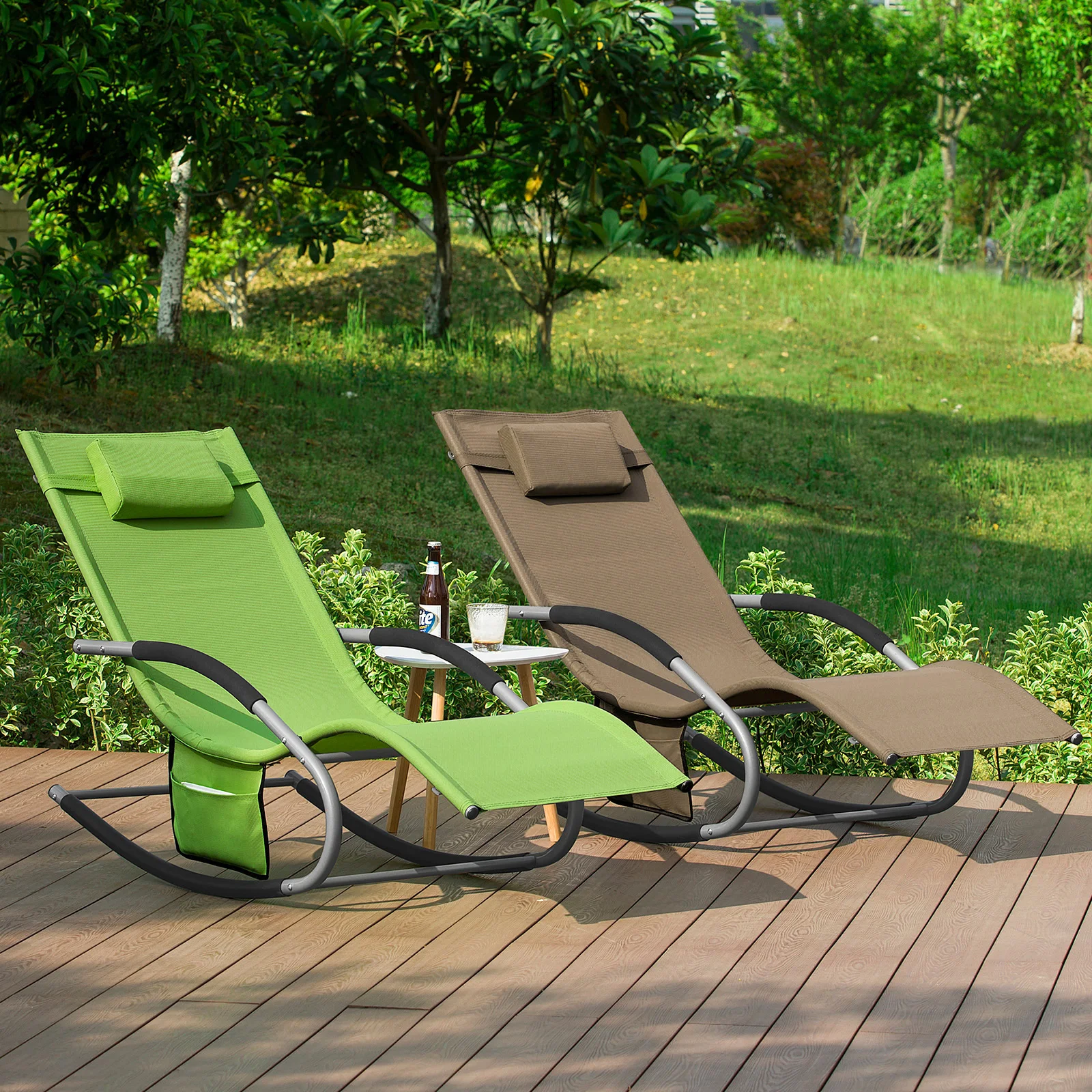 SoBuy OGS28x2 Sonnenliege 2-er Set Swingliege schaukel mit Tasche und Kopfkissen Schaukelliege Liegestuhl für Gärten, Höfe Image