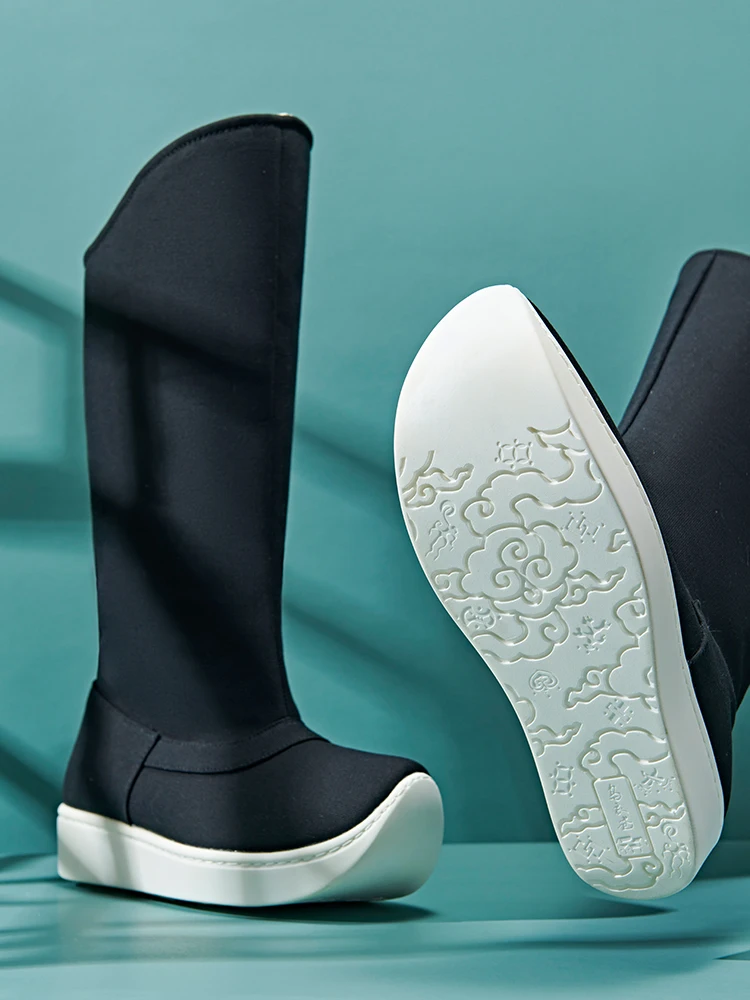 Fulujiacos Hanfu-Stiefel aus Segeltuch mit dicken Sohlen, höhenvergrößernde antike Kostümstiefel für Herren, Schuhe mit langen Beinen