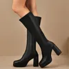 Chunky Plattform Schwarz Pu Leder Stiefel Frau 2025, Kniehohe Plus Größe 42, High Heels Lange Stiefel Frauen Herbst Winter Botas Schuhe