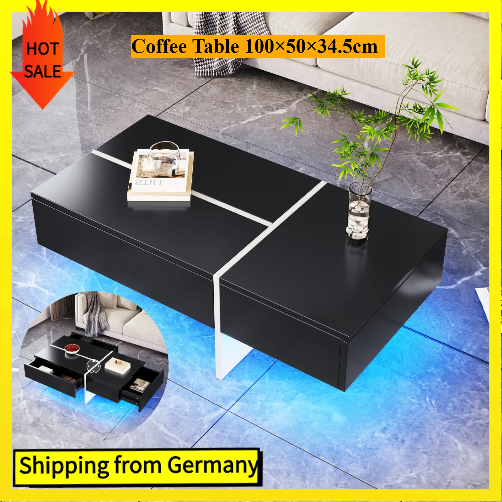 Comanlai Couchtisch mit LED-Leuchten und 3 Schubladen, Hochglanz-Wohnzimmertisch, einzigartiges Liniendesign, 100 x 50 x 34,5 cm, Schwarz