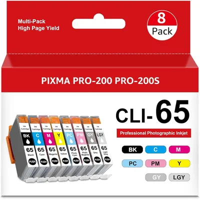 CLI65 Ink Cartridge, CLI-65 Ink Tank Color CLI 65 BK GY LGY C PC M PM Y 8-Color Ink Value Pack for CAN PRO-200 PRO-200S Printers