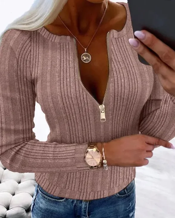 Damen-Langarmbluse mit Reißverschluss – schicke Reißverschluss vorne, halbtransparente, elegante Oberteile für lässige formelle Outfits, pflegeleicht zu maschinenwaschen Image