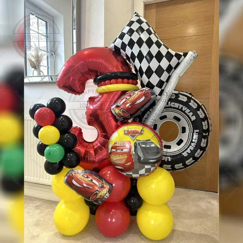 39 stücke Cartoon Auto Thema Blitz Stern Rot Nummer 1-9 Bunte Geburtstag Party Dekoration Ballon Set Kinder Überraschung geschenk Image
