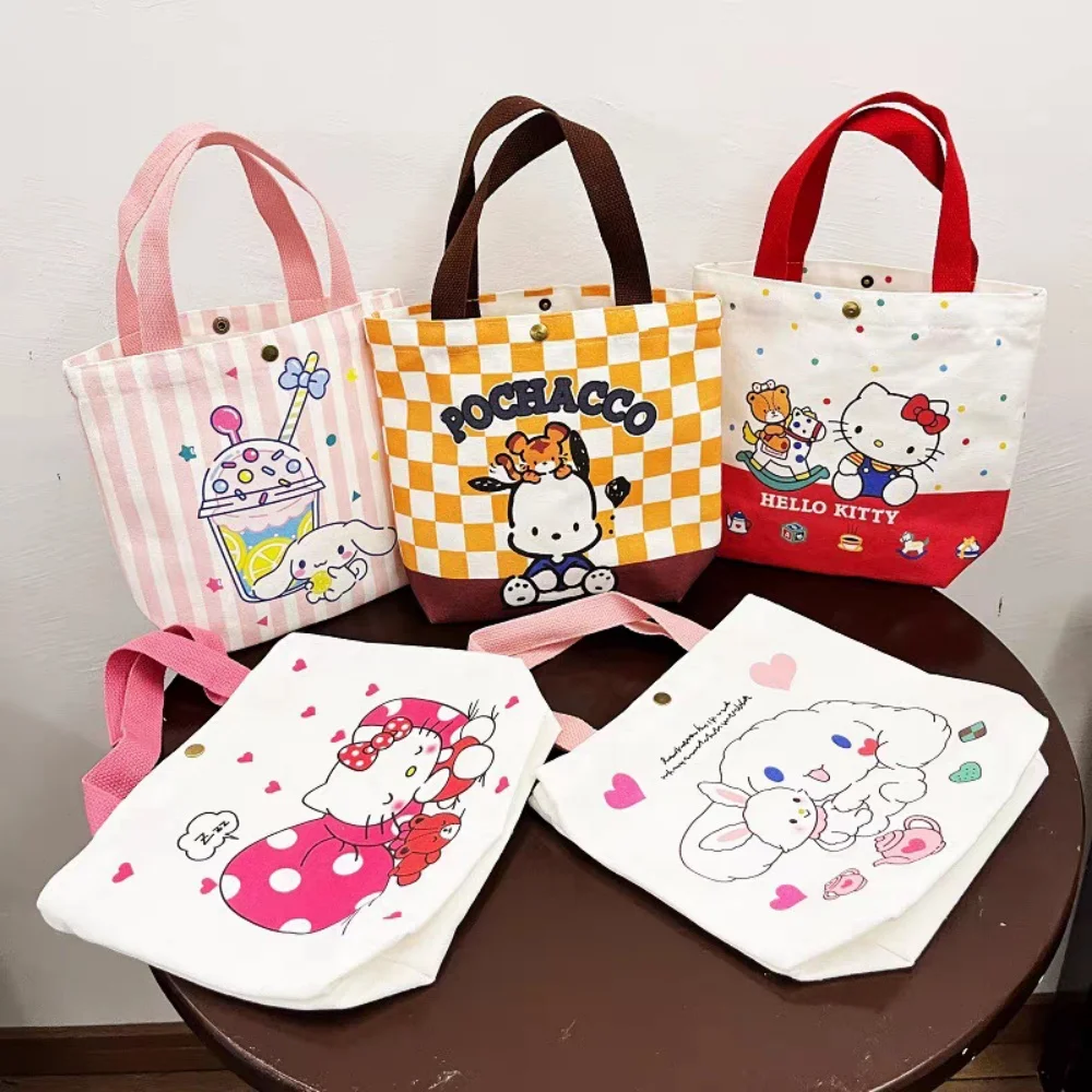 Kawaii Sanrio Hello Kitty Tragbare Canvas Tasche Anime Cartoon Melody Kuromi Cinnamoroll Mädchen Casual Handtasche Wiederverwendbare Einkaufstaschen