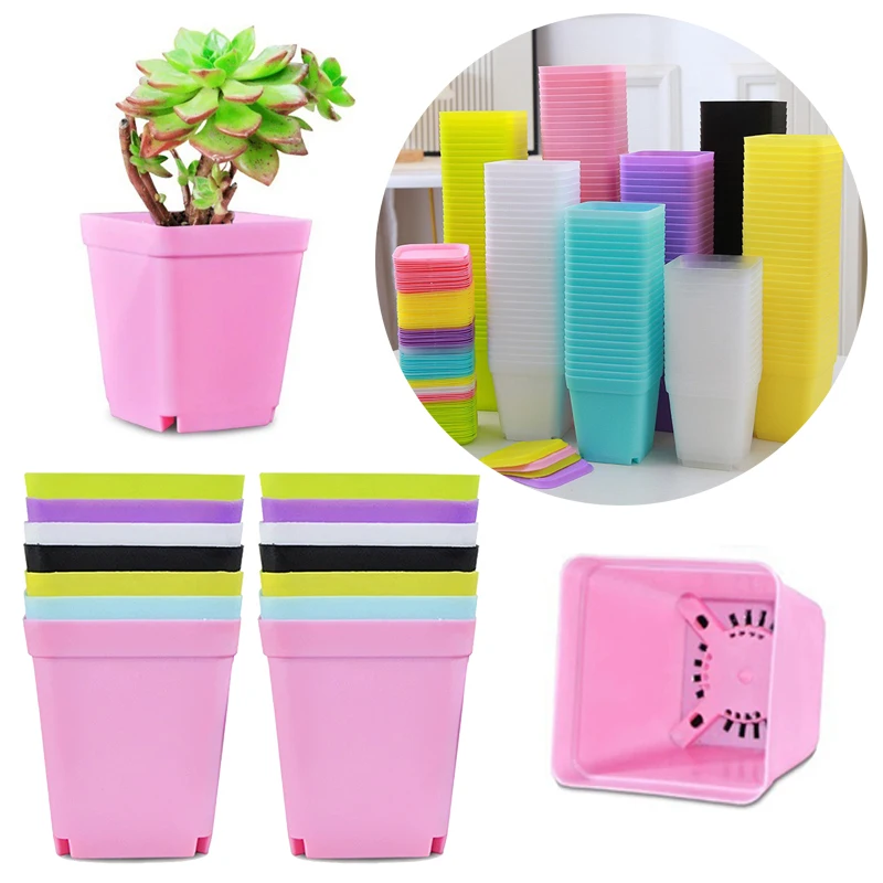12 Teile/satz Bunte Kunststoff 7cm Platz Blumentopf mit Tablett Büro Desktop Anlage Wachsen Container Sukkulenten Topf Garten Kindergarten ZYF Image