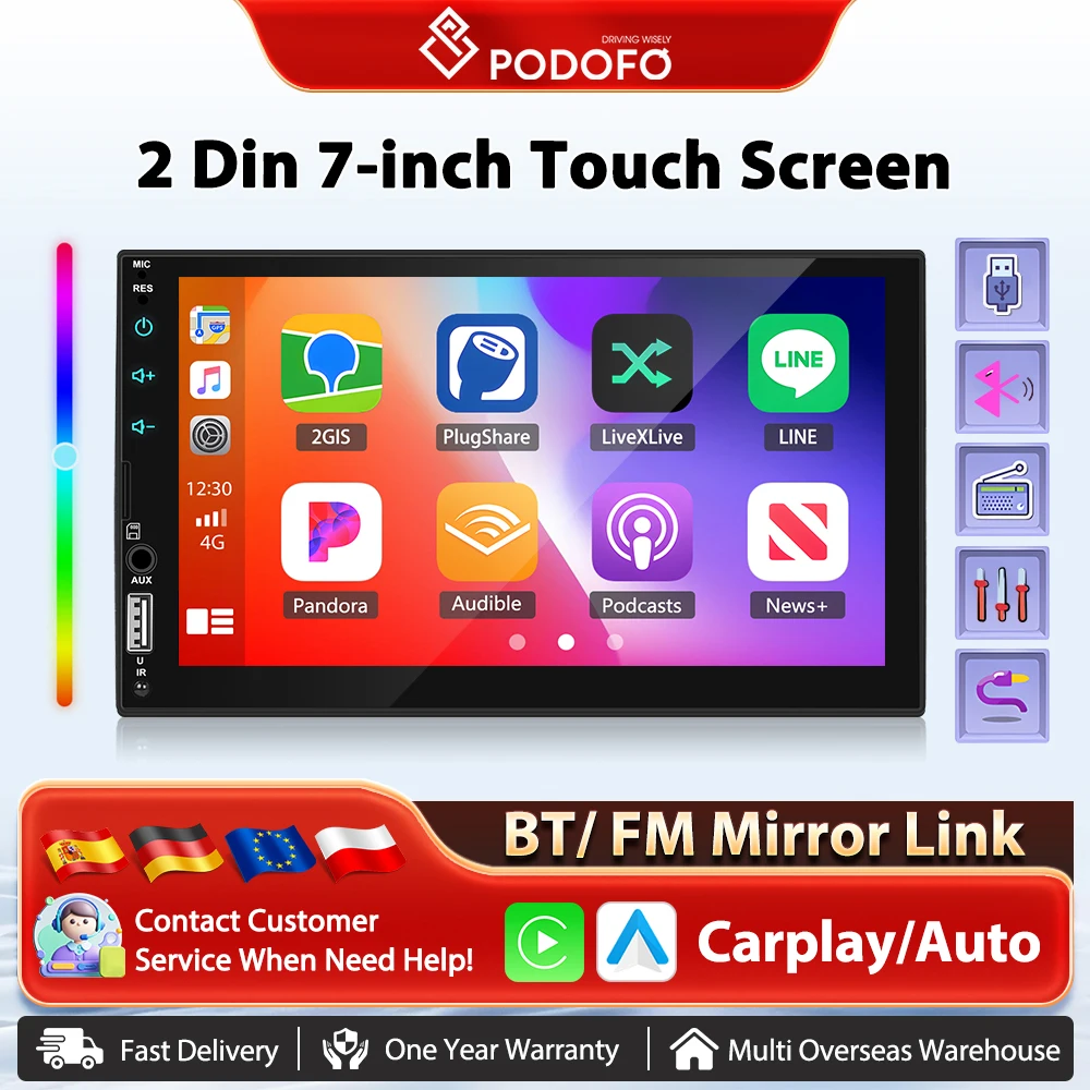 Podofo 7 ''Wireless Carplay Auto MP5 Stereo Android Auto Mirrorlink BT Lettore Multimediale FM SWC DAB 2din EQ Autoradio Telecamera Posteriore