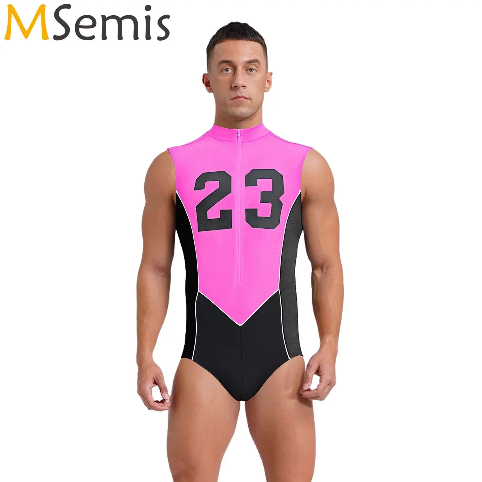 Herren-Badeanzug, einteiliger Badebekleidung, Reißverschluss vorne, Nummern bedruckter Trikot-Body für Radfahren, Laufen, Workout, Übung, Badeanzug Image