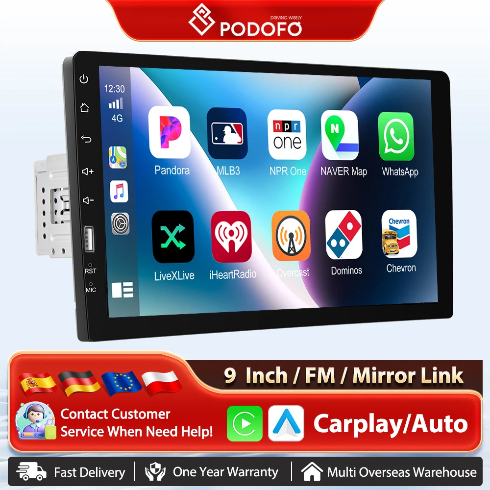 Podofo 9 zoll Carplay Android Auto Auto MP5 Player Unterstützung D-Play EQ BT FM AM Auto Multimedia Player USB Lenkrad Steuerung Image