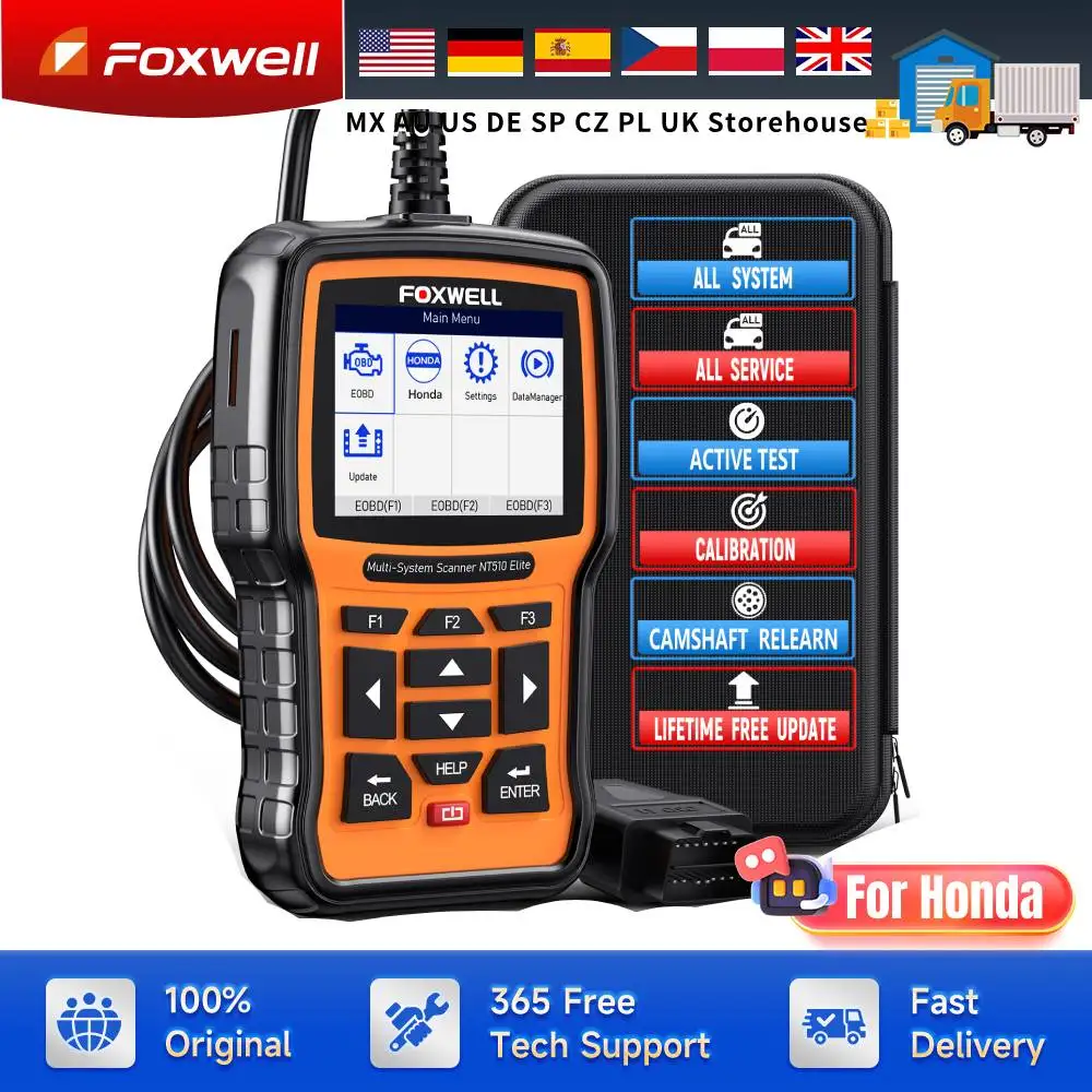 FOXWELL NT510 Elite fit for Honda Acura Full System OBD2 Scanner Diagnostic Tool Bi-Directional Code Reader Oil Reset EPB