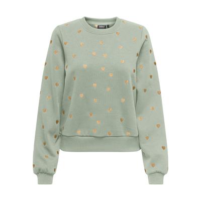 Sweatshirt ONLY "ONLATIKA L/S O-NECK GLITTER EMB. BOX SWT", Damen, Gr. M, desert sage detail:anny hearts big (gold), Sweatware, Obermaterial: 65% Polyester, 35% Baumwolle, bedruckt, modisch, Rundhals, Langarm, Sweatshirts Image