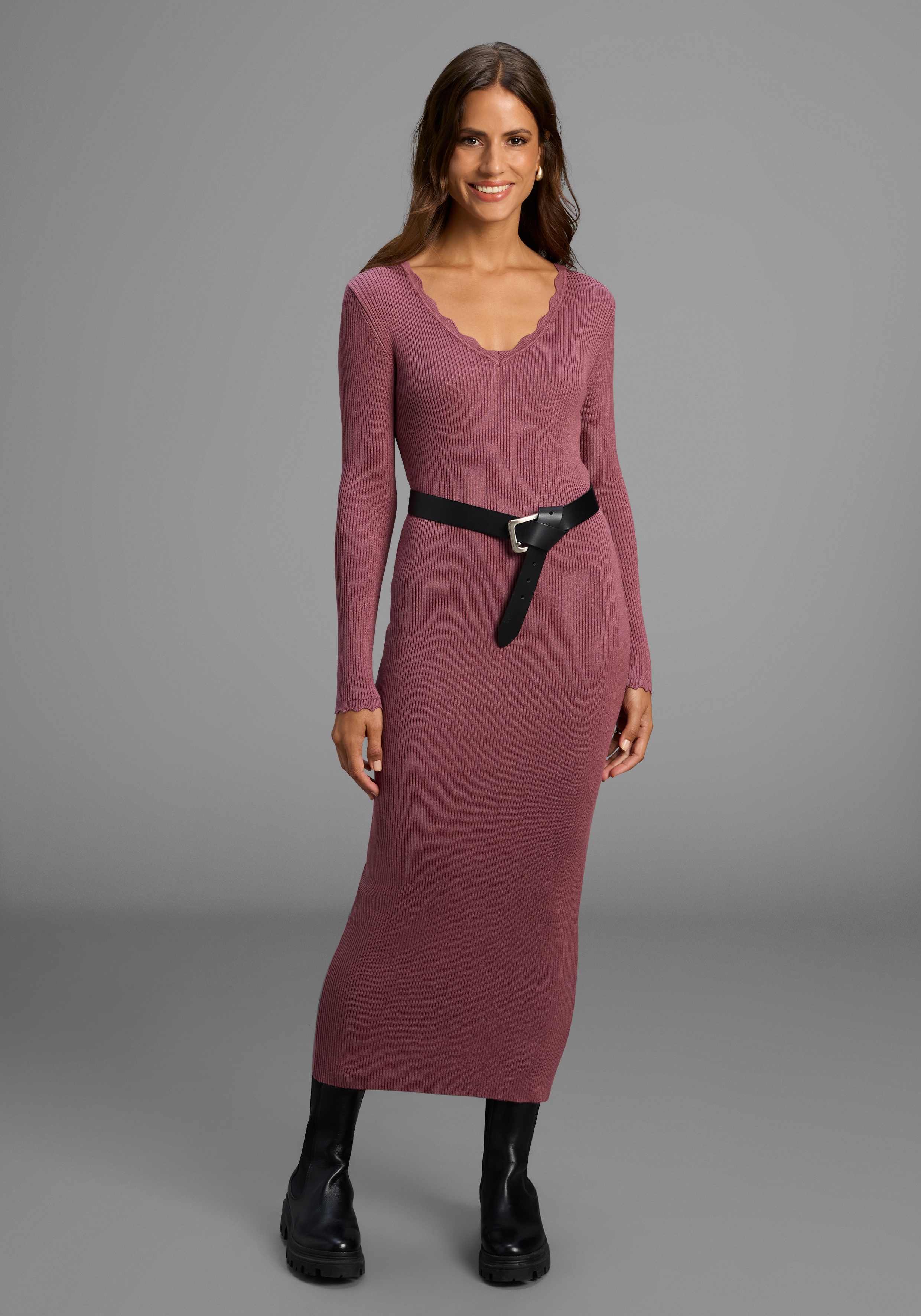 Strickkleid LAURA SCOTT, Damen, Gr. 40, N-Gr, dunkelrosa, Rippstrick, Obermaterial: 70% Viskose, 30% Polyamid, unifarben, Basic, figurbetont wadenlang, V-Ausschnitt, Kleider, in Midi-Länge mit femininen Wellenkanten - NEUE KOLLEKTION Image