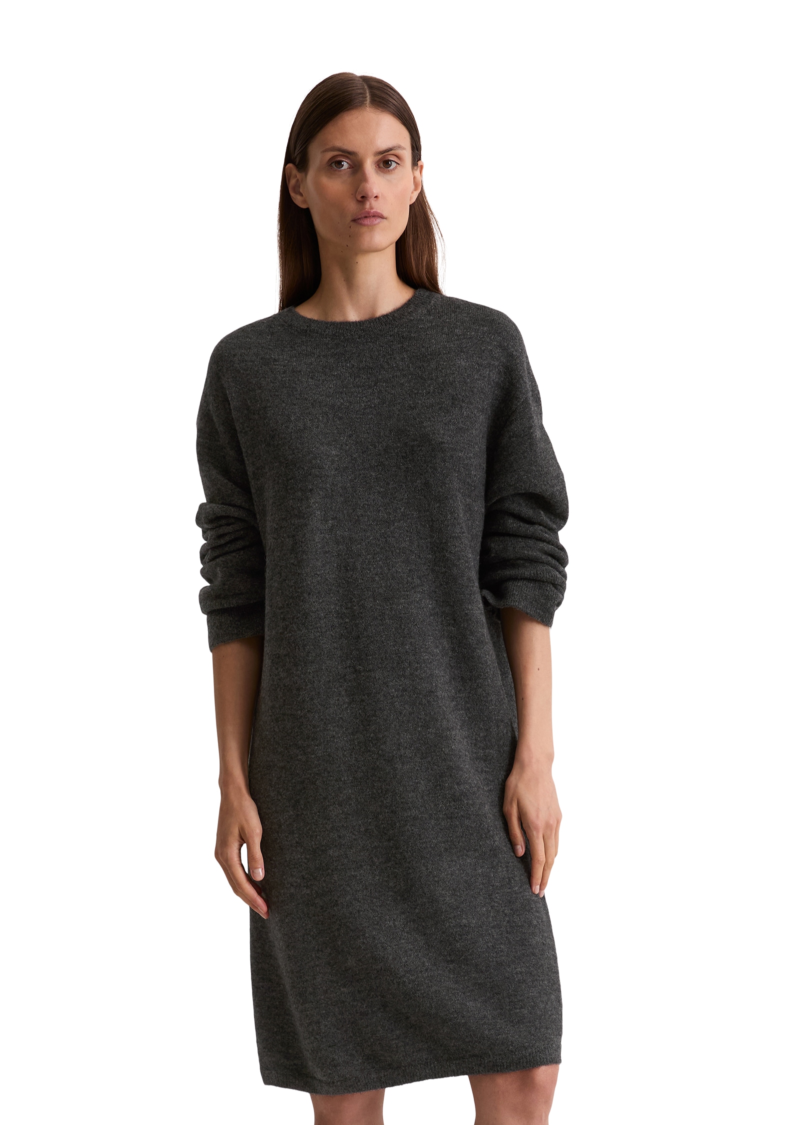 Strickkleid MARC O'POLO, Damen, Gr. 40, N-Gr, grau (night grau melange), Strick, Obermaterial: 49% Schurwolle, 25% Alpaka, 24% Polyamid, 2% Elasthan, unifarben, relaxed fit ca. Mitte Knie, Rundhals, Kleider, Rundhalsausschnitt, Relaxed Fit,... Image