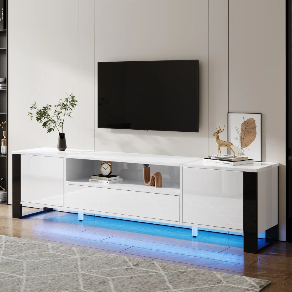 ​ ​ Meuble TV LED blanc brillant de 178 cm – Meuble lumineux bleu avec étagère de rangement ouverte, pour téléviseurs de 70 pouces, console multimédia de salon ​ ​