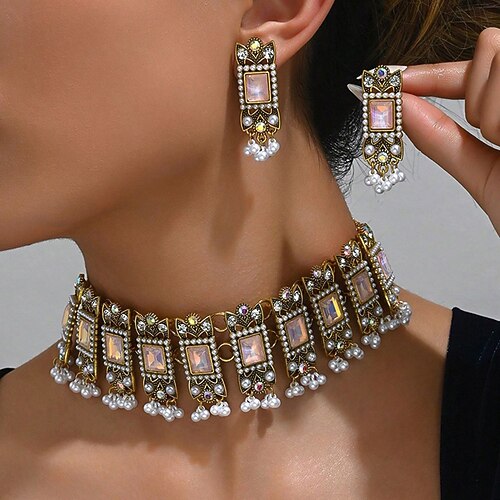 Ethno-Stil Legierung Edelstein Halskette Ohrringe 2-teilig Retro Schwerindustrie Perle Fransen Kopf Schmuck Image