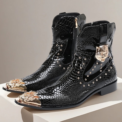 Burgunderrote Herrenstiefeletten aus echtem Leder mit Schlangenmuster und Metallschnalle – Gothic-Punk-Partyschuhe Image
