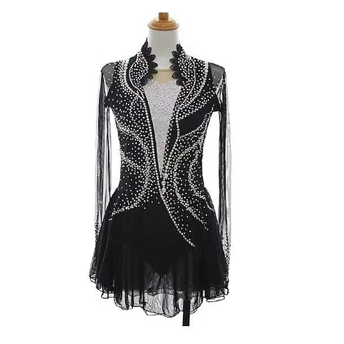 Eiskunstlaufkleid Damen Mädchen Eislaufen Kleid Schwarz Patchwork Daumenloch Netzstoff Spandex Dehnbar Training Übung Professionell Eiskunstlaufkleidung Thermowarm Kristall / Strass Langarm Eislaufen Image