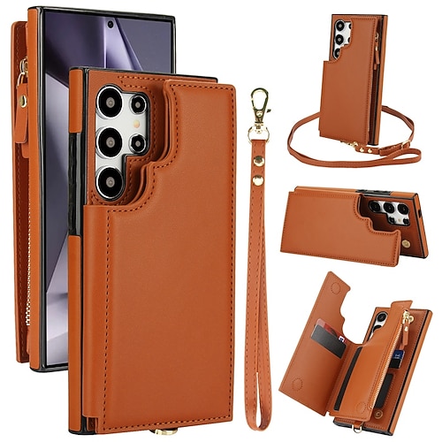 Handy Hülle Handyhüllen Für Samsung Galaxy S25 S24 S23 S22 Plus Ultra A16 A55 5G A14 A54 A53 A13 Rückseite mit Trageriemen Ständer Kartenfach Retro TPU PU-Leder Image