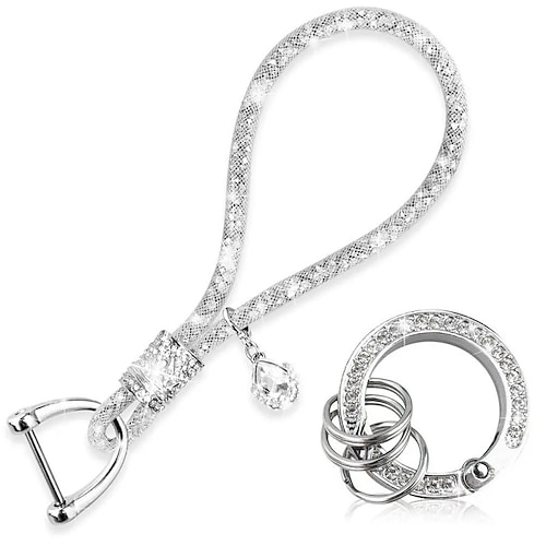 1 stück strass luxus auto schlüsselbund anti-verloren frauen silber schnalle auto schlüssel ring kette halter telefon schlüsselring bling zubehör Image