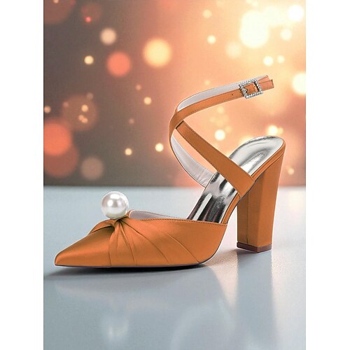 Damen-Pumps mit blauem Satin-Blockabsatz, Perlendetail und Knöchelriemen – elegante spitze Schuhe für formelle Anlässe und Cocktailpartys Image