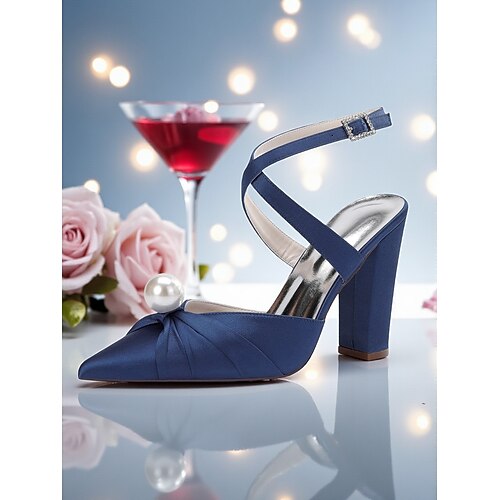 Damen-Pumps mit blauem Satin-Blockabsatz, Perlendetail und Knöchelriemen – elegante spitze Schuhe für formelle Anlässe und Cocktailpartys Image