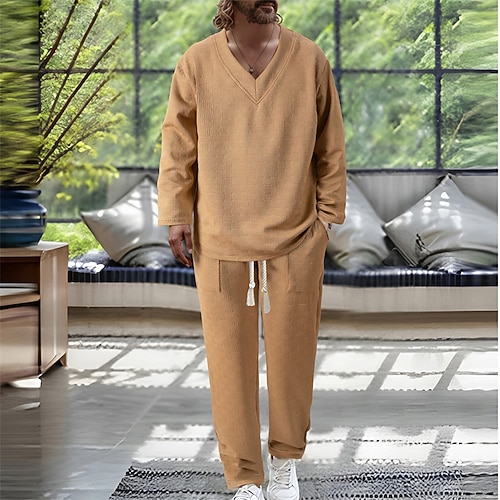 Herren T-Shirt Anzüge Hemd- und Hosensets 2-teiliges Outfit Langarm V Ausschnitt Frühling Herbst Einfach Mode Lässig Jacquard 2 teilig Urlaub Alltagskleidung Ausgehen Schwarz Weiß Khaki Top T-Shirt Image