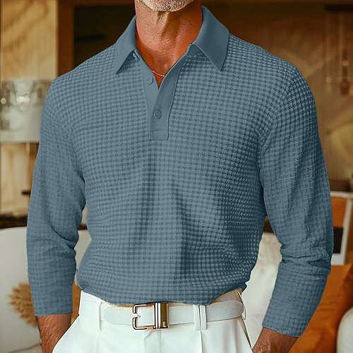 Herren Waffel-Poloshirts Textur Straße Lässig Revers Langarm Basic Modern Einfach Texture Knöpfe Frühling Herbst Ganzjahres Normale Passform Blau grau Schwarz Weiß Gelb Rot Grau Waffel-Poloshirts Image