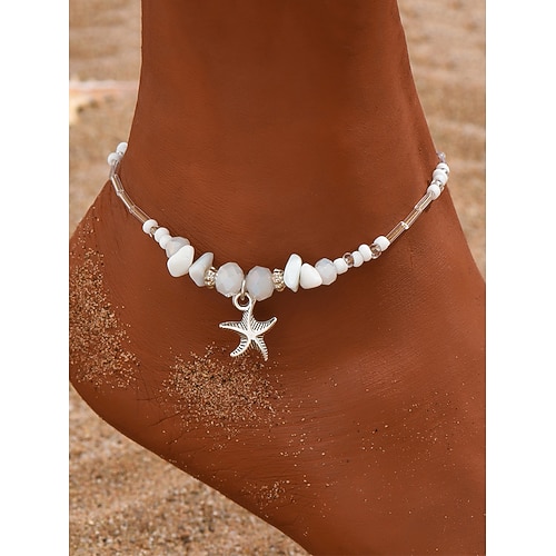 Damen-Fußkettchen im Bohemian-Stil mit Perlen und Seestern-Anhänger, verstellbarer Strand-Fußschmuck für Sommer, Urlaub und Partys