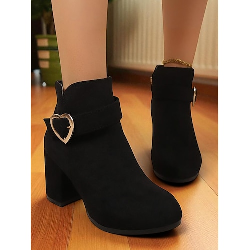 Rote Wildlederstiefeletten für Damen mit Herzschnalle – Stiefeletten mit klobigem Absatz und seitlichem Reißverschluss für Herbstmode, Verabredungen am Abend und Streetwear-Outfits Image