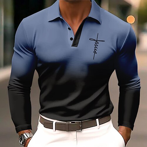 Herren Ombre Polo Langarm Polo-Shirts Revers Vintage Lässig Athleisure Alltagskleidung 3D-Druck Knöpfe Frühling Herbst Winter Blau Orange Grau Image