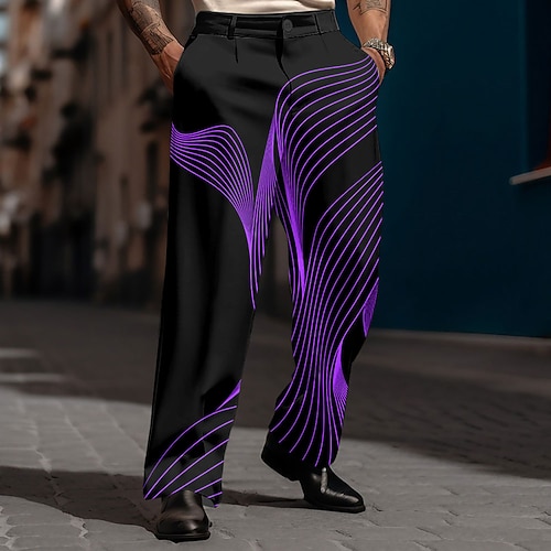 Herren Geometrisch Farbverlauf Wellen Anzughose Hose Mittlere Taille Lässig Alltagskleidung Ferien Relaxed Fit Anzughose mit flacher Vorderseite und Seitentaschen Frühling Herbst 3D-Druck Schwarz und Image
