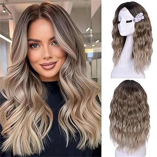 Kurze, gewellte Perücken für Frauen, schwarze Bob-Wellenperücke, natürlich aussehendes synthetisches Mittelteil, Spitzenfronthaar für die alltägliche Frisur, 18 Zoll Image