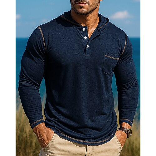 Herren Lässiges Hemd Kapuzenshirt Langarm Mit Kapuze Oberteil Außen Atmungsaktiv Frühling Herbst Baumwolle Schwarz Blau Grün Tennis Golfspiel Laufen Image