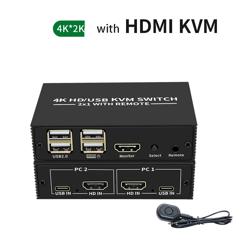 KVM-Switch mit HDMI-Switch, Dockingstation, USB 2.0 HUB, 4 USB-Geräte, Tastatur, Maus, Drucker, gemeinsame 2 Computer Image