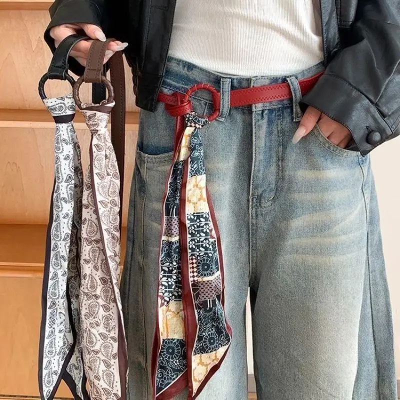 Vintage Rot Schwarz Khaki Hip Hop Dünnen Gürtel Dekorative Taille Gürtel Punk Bandana Seide Schal Leder Gürtel Für Denim Jeans Frau Image