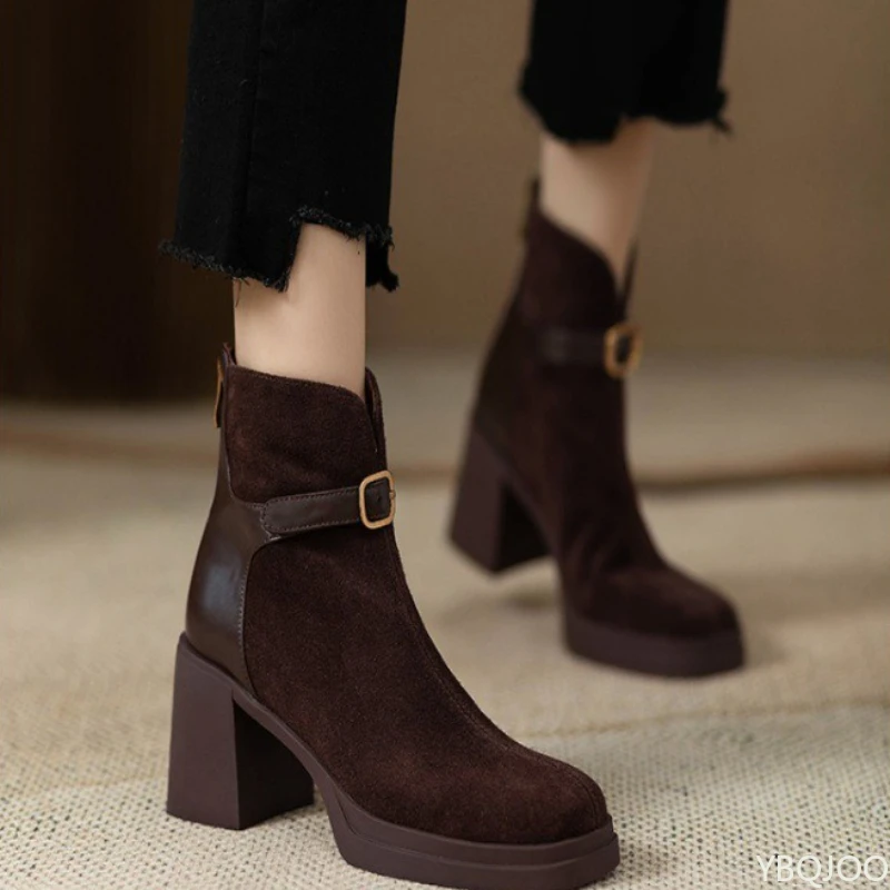 Modische, vielseitige Damenstiefel mit dicker Sohle und dickem Absatz, Herbst und Winter, elegante, einfache High Heels, Freizeit, bequeme Damenschuhe