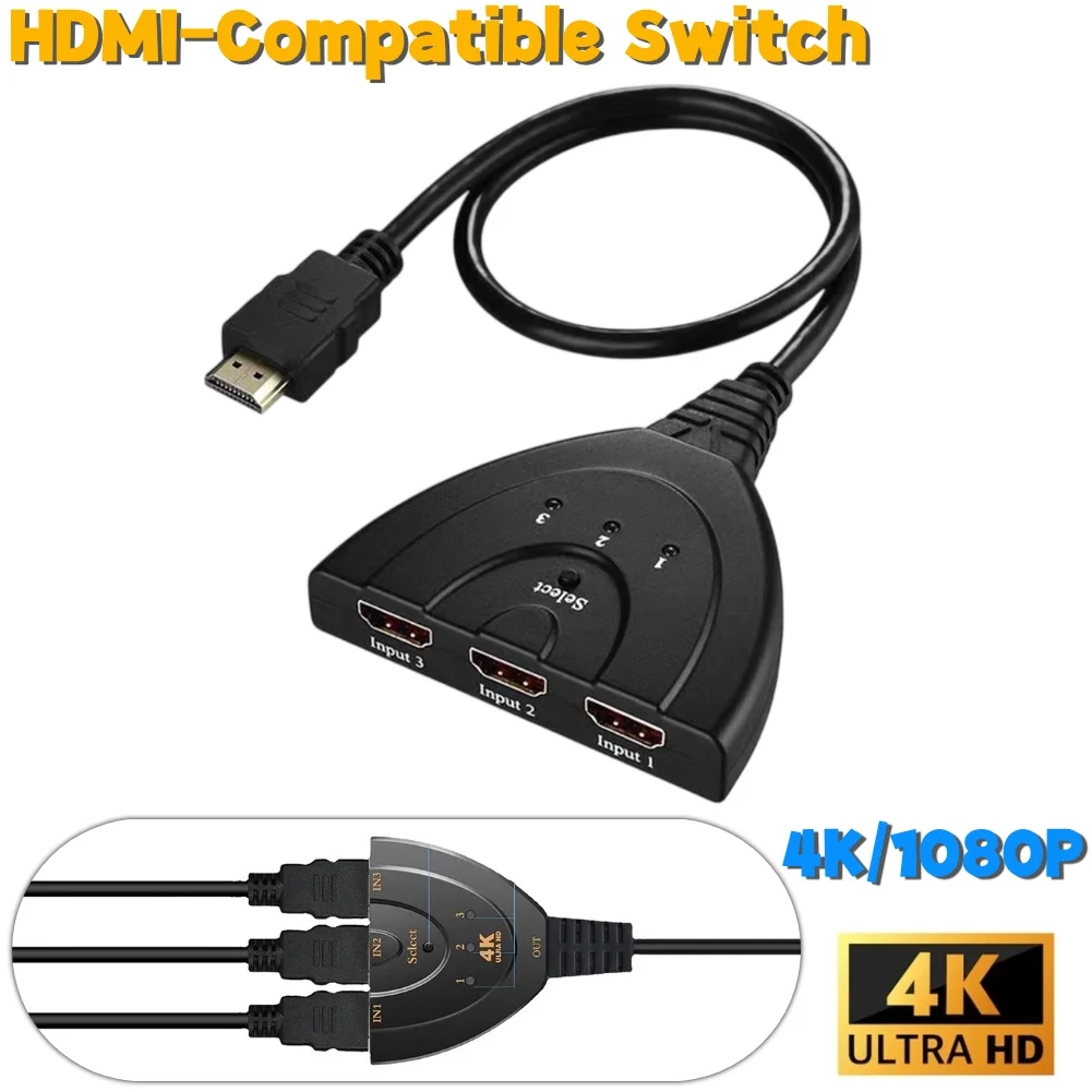 4K/1080P 3-Port HDMI-kompatibler Switcher-Wahlschalter mit 1,8 Fuß HDMI-kompatiblem Kabel 3 in 1 Out für PS4 Xbox DVD Player Fire Stick Image