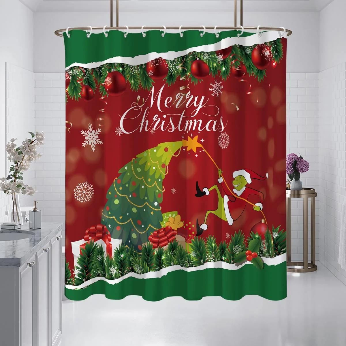 1 Stück Frohe Weihnachten Druck wasserdichter Duschtrennwand Hängevorhang mit 12 Haken mehrere Größen maschinenwaschbar