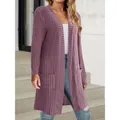 Plus Size 1XL-5XL Cappotto casual da donna con tasche a coste solide Cappotto da donna aperto sul davanti Cappotto elegante a maniche lunghe