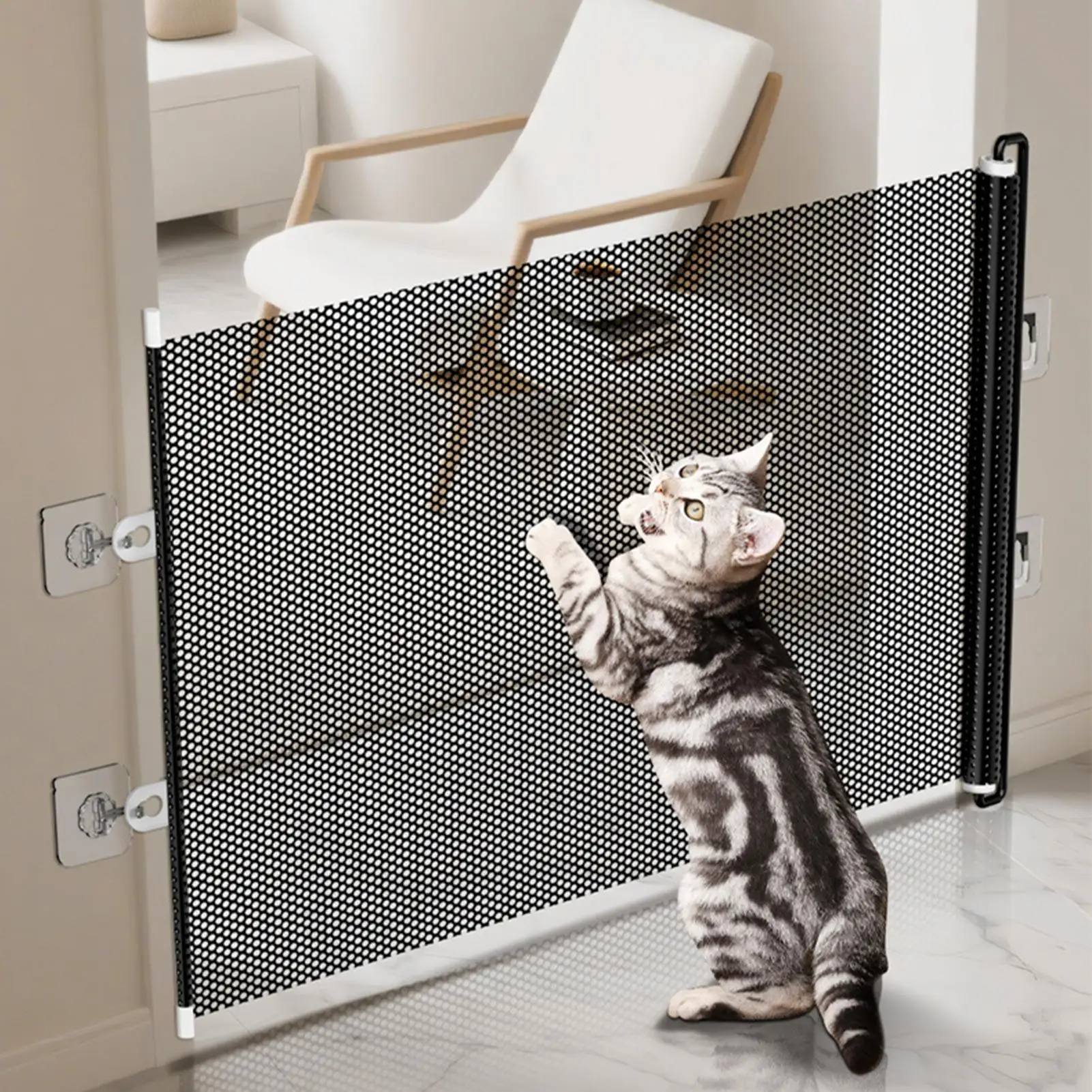 Einziehbares Haustiertor, ausziehbare Netz-Sicherheitsbarriere für Hunde und Katzen, ohne Bohren, Installation, kindersicheres Tor für Treppentür, Flur Image