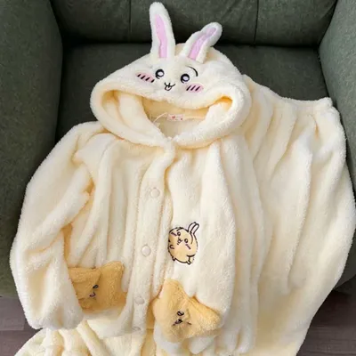 Kawaii Chiikawa Usagi Coral Velvet Robes Women's Winter Thickened Pajamas and Pajama Pants Set Cute Anime Casual Home Wear