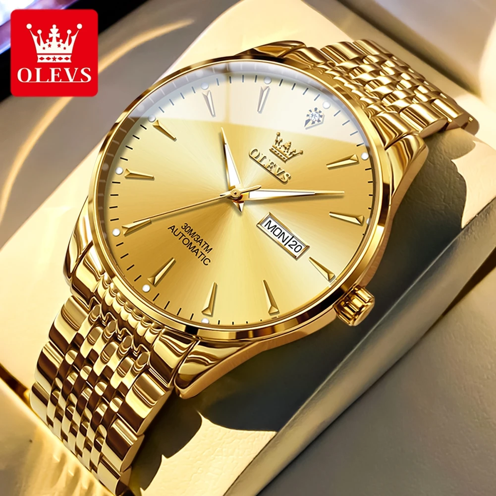 OLEVS Markenuhr, Stahlband, Doppelkalender, vollautomatische mechanische Uhr, Nachtlicht, wasserdichte Herrenuhr 6635 Image
