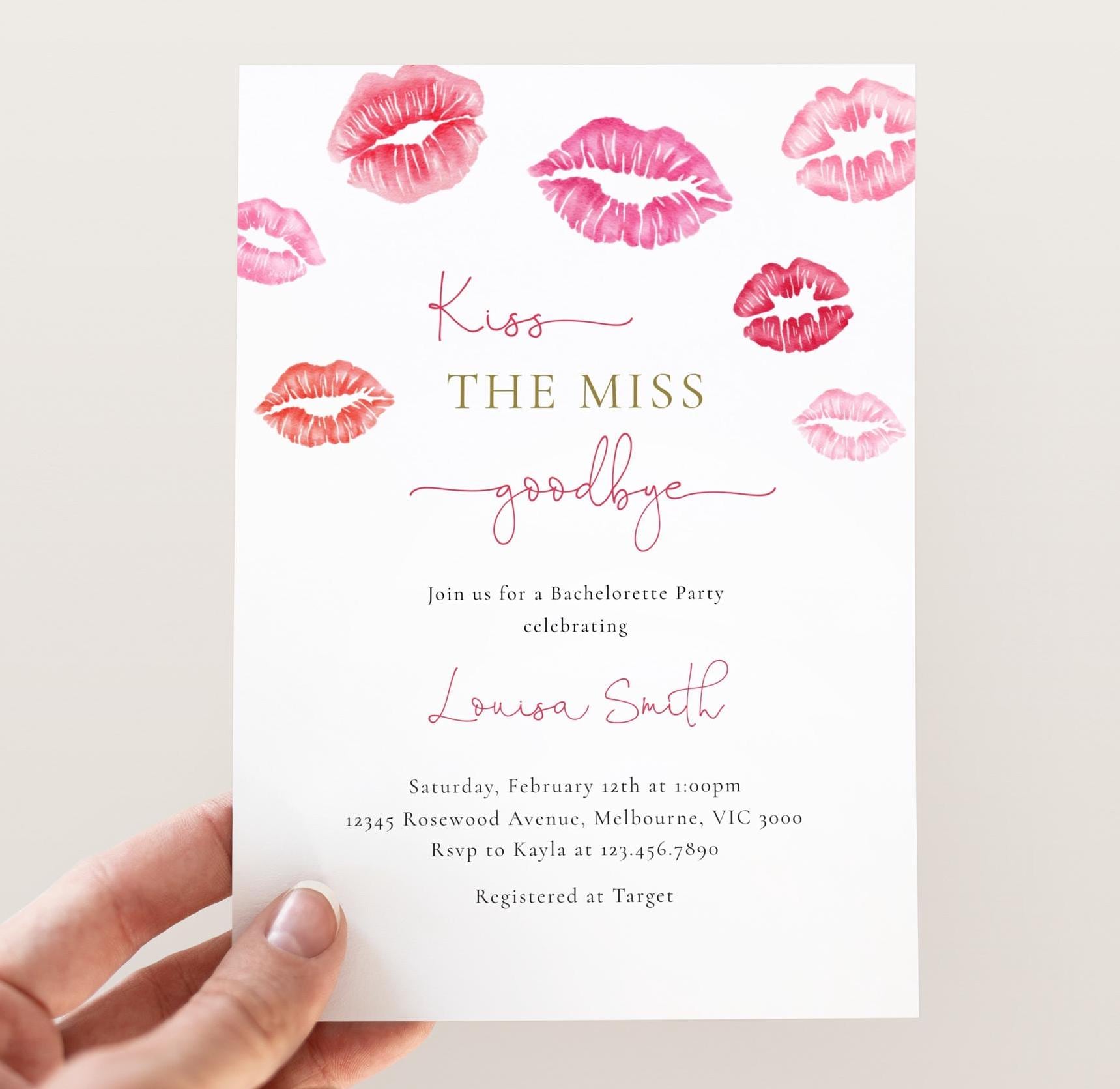 "Invito per addio al nubilato \"Kiss the Miss Goodbye\", invito modificabile per la festa nuziale di San Valentino, addio al nubilato \"Kiss the Miss Good"