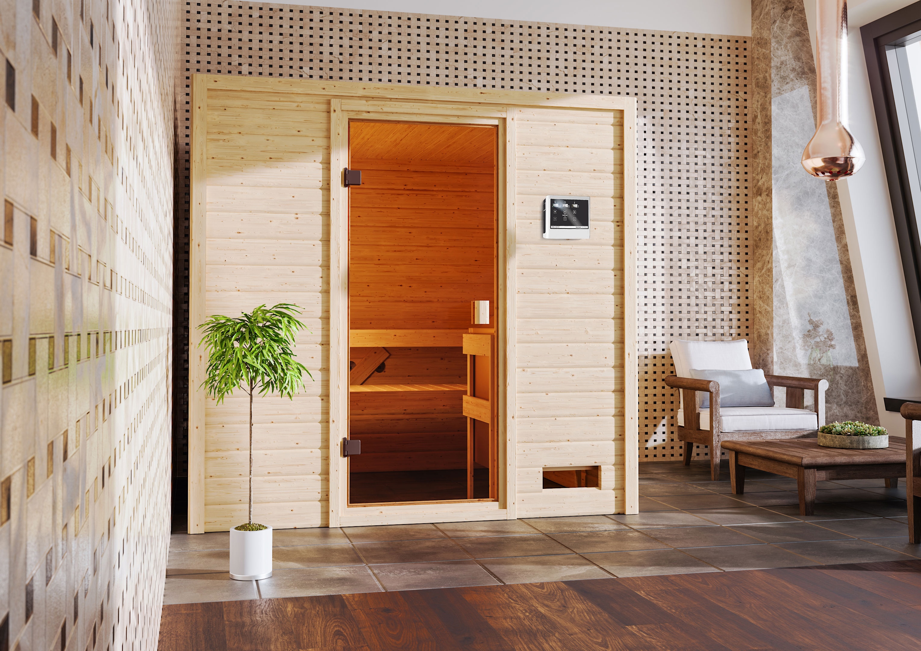 Sauna KARIBU "Ricky" mit bronzierter Tür, naturbelassen", beige (naturbelassen), Saunaofen, externe Steuerung, 400 kW, Saunen, aus hochwertiger nordischer Fichte Image
