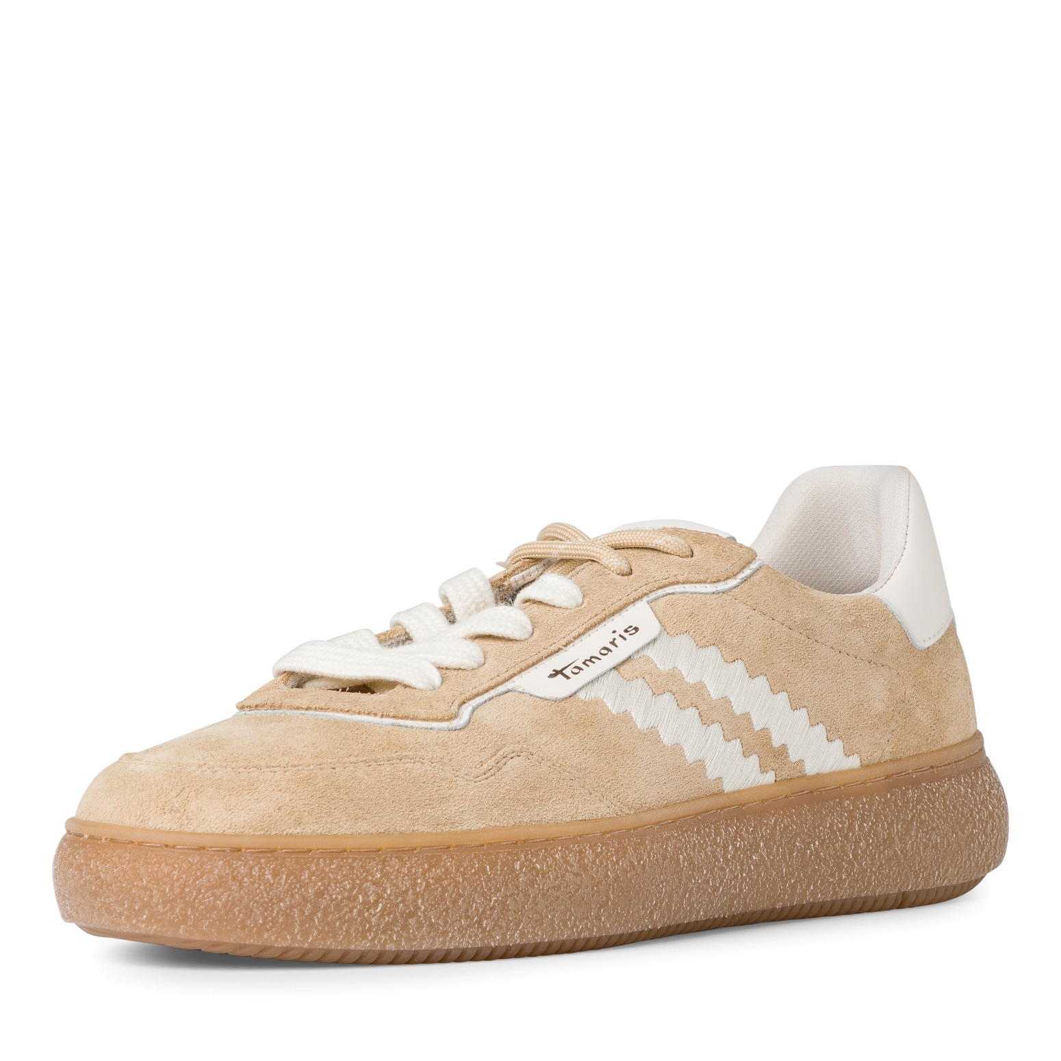 Plateausneaker TAMARIS, Damen, Gr. 40, beige (beige, kombiniert), Leder, Veloursleder, unifarben mit Farbeinsatz, Schuhe Plateausneaker, Freizeitschuh, Halbschuh, Schnürschuh mit Kontrastbesatz